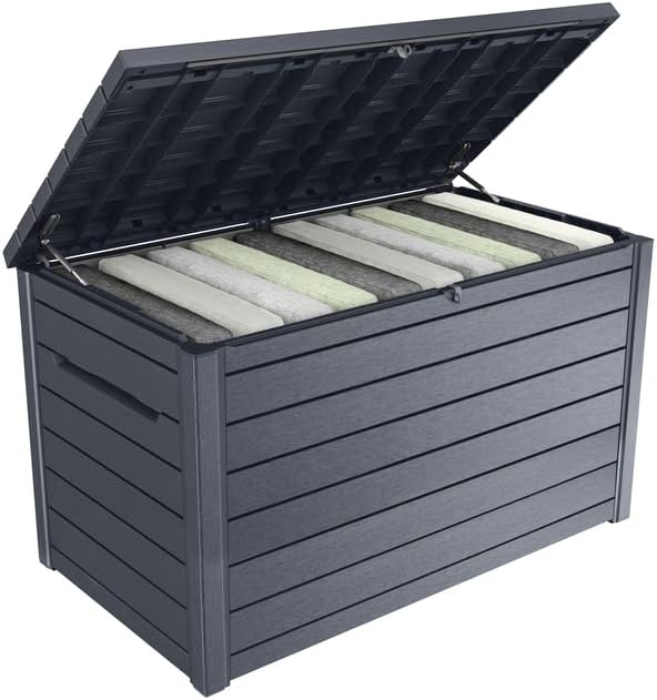 Keter Caja de cojín XXL Ontario, Grafito, 870 l de Capacidad, Dimensiones Exteriores: 147 x 83 x 86 cm, Caja de Almacenamiento Impermeable, para Exteriores