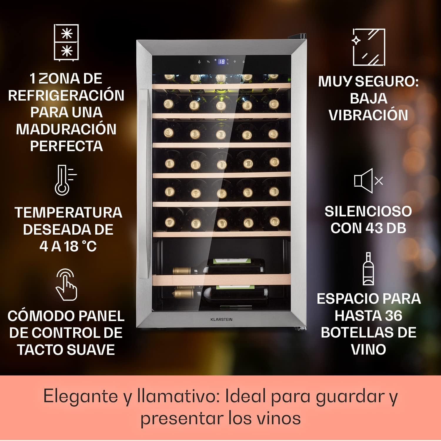 Klarstein Vinoteca 36 Botellas, Nevera Vinos, Una Zona de Refrigeración, Nevera Expositora Vino y Cerveza, Vinoteca Interior y Exterior con Puerta de Cristal, Nevera Vino con Protección UV, 4-18°C