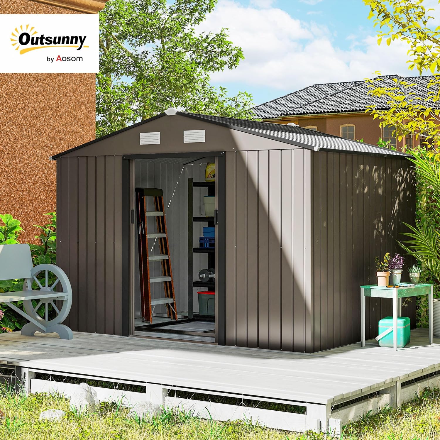Outsunny Caseta de Jardín Exterior, 5 m² 277x195x192 cm, Cobertizo de Jardín Exterior Metálico con 2 Puertas Correderas, Base Refuerzo (Suelo NO Incluido) y 4 Ventanas, Marrón