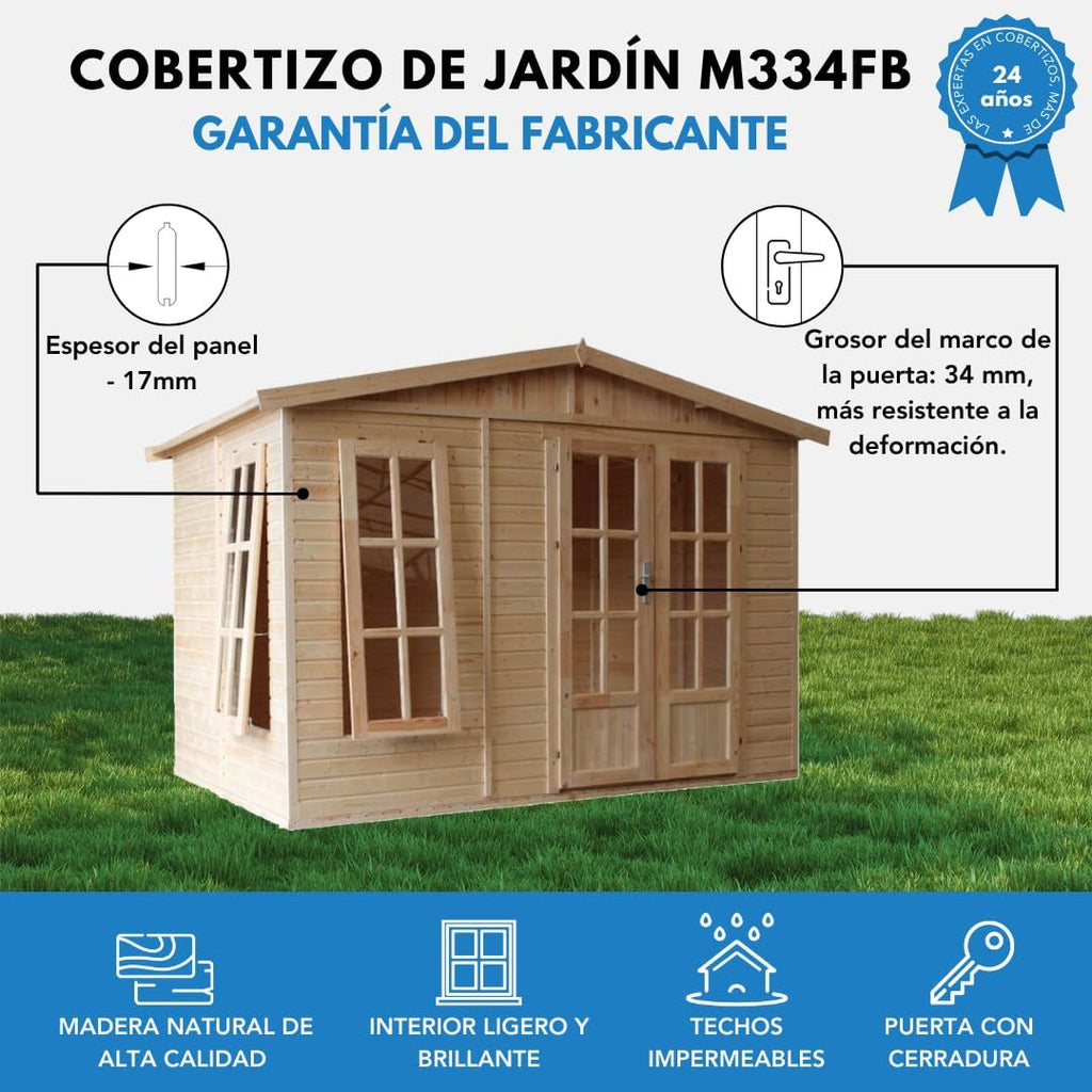 TIMBELA Caseta de jardín de Madera de 6 m2 - Cobertizo Jardin Exterior con Suelo, Ventana, Puerta Doble - Cabaña de jardín para Trabajar en casa - con Tejas bituminosas Verde M334FB+H334FBGREEN