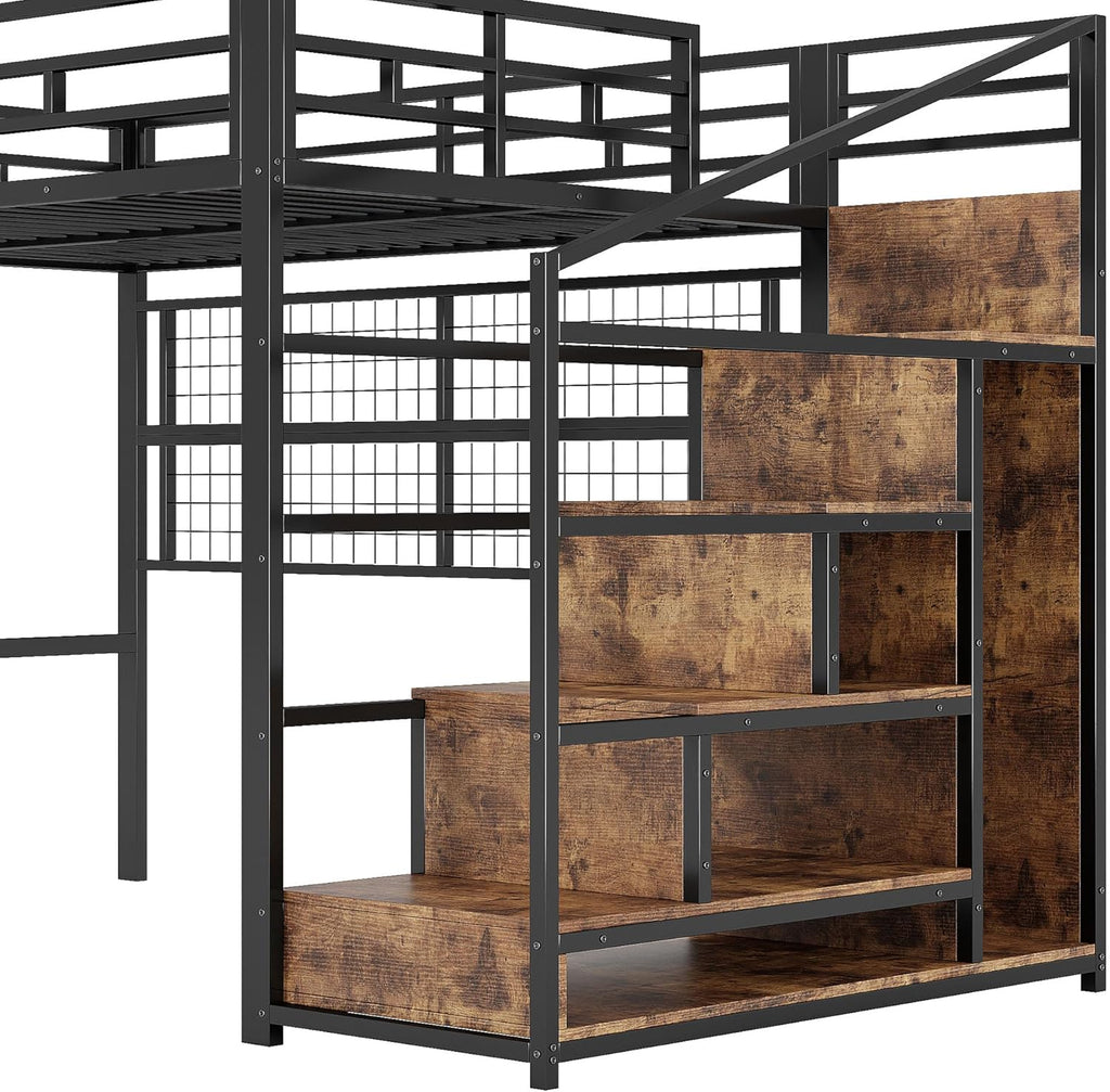 Cama alta (140 x 200 cm), marco de hierro, armario, escalera de almacenamiento, rejilla para colgar objetos, espacio libre debajo de la cama, luces LED de 7 colores, sin colchón, color negro