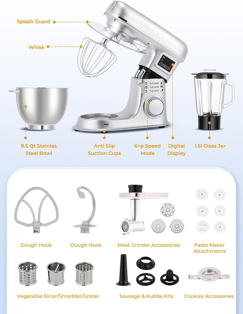 Batidora de pie de 8 l - Batidora eléctrica de cocina con pantalla LED, 6 velocidades, cabezal inclinable, recipiente de acero inoxidable, incluye picadora de carne, gancho para masa, batido
