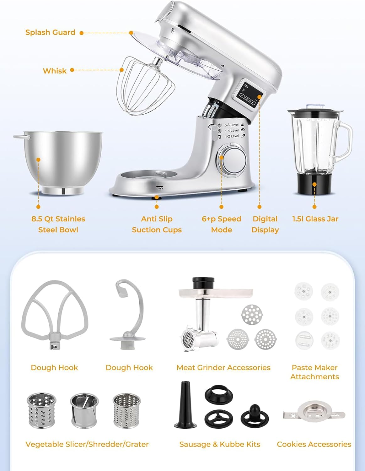 Batidora de pie de 8 l - Batidora eléctrica de cocina con pantalla LED, 6 velocidades, cabezal inclinable, recipiente de acero inoxidable, incluye picadora de carne, gancho para masa, batido