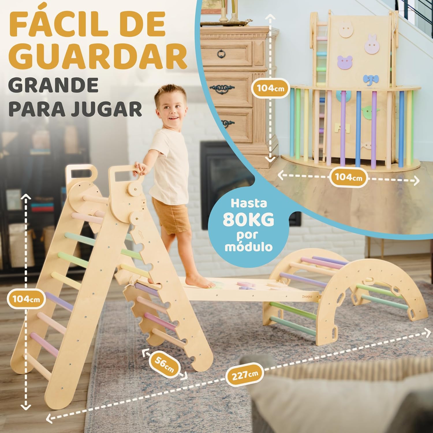 9en1 Montessori triangulo pikler Grande de 1 a 7+ años, 5 ángulos Ajustables, Parque Infantil Exterior y Interior en Madera para la Escalada con Arco pikler y rampa Pickler para niños