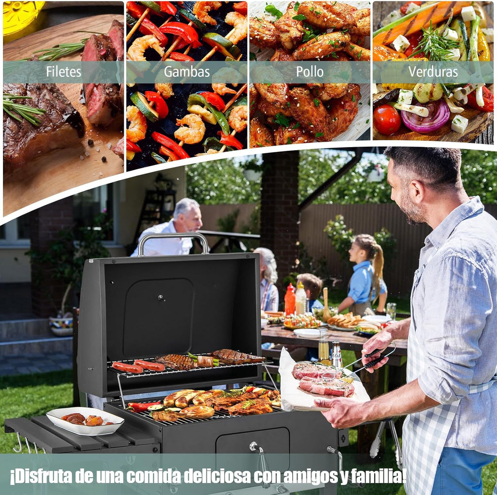 COSTWAY Barbacoa Carbon XXL, Barbacoa Portatil 128 x 54x 117 cm, Tapa, Termómetro, 2 Mesas Laterales Plegables, 8 Ganchos, 2 Ruedas y Abridor de Botellas