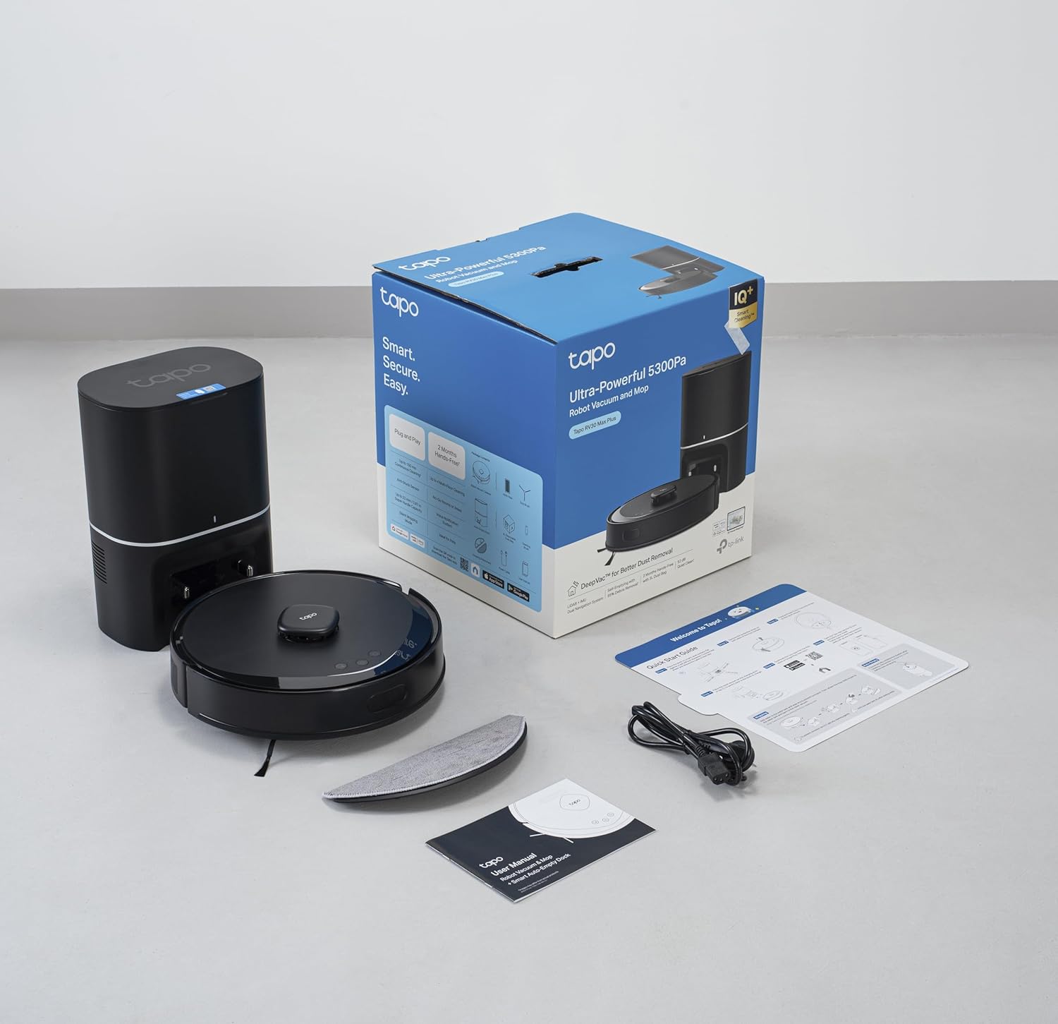 Tapo RV30 MAX Plus Robot Aspiradora, Potencia de succión Ultra de 5300 Pa con fregado, Base de Autovaciado automático de 3 l, navegación LiDAR+IMU Avanzada, Control por Voz y aplicación,Negro