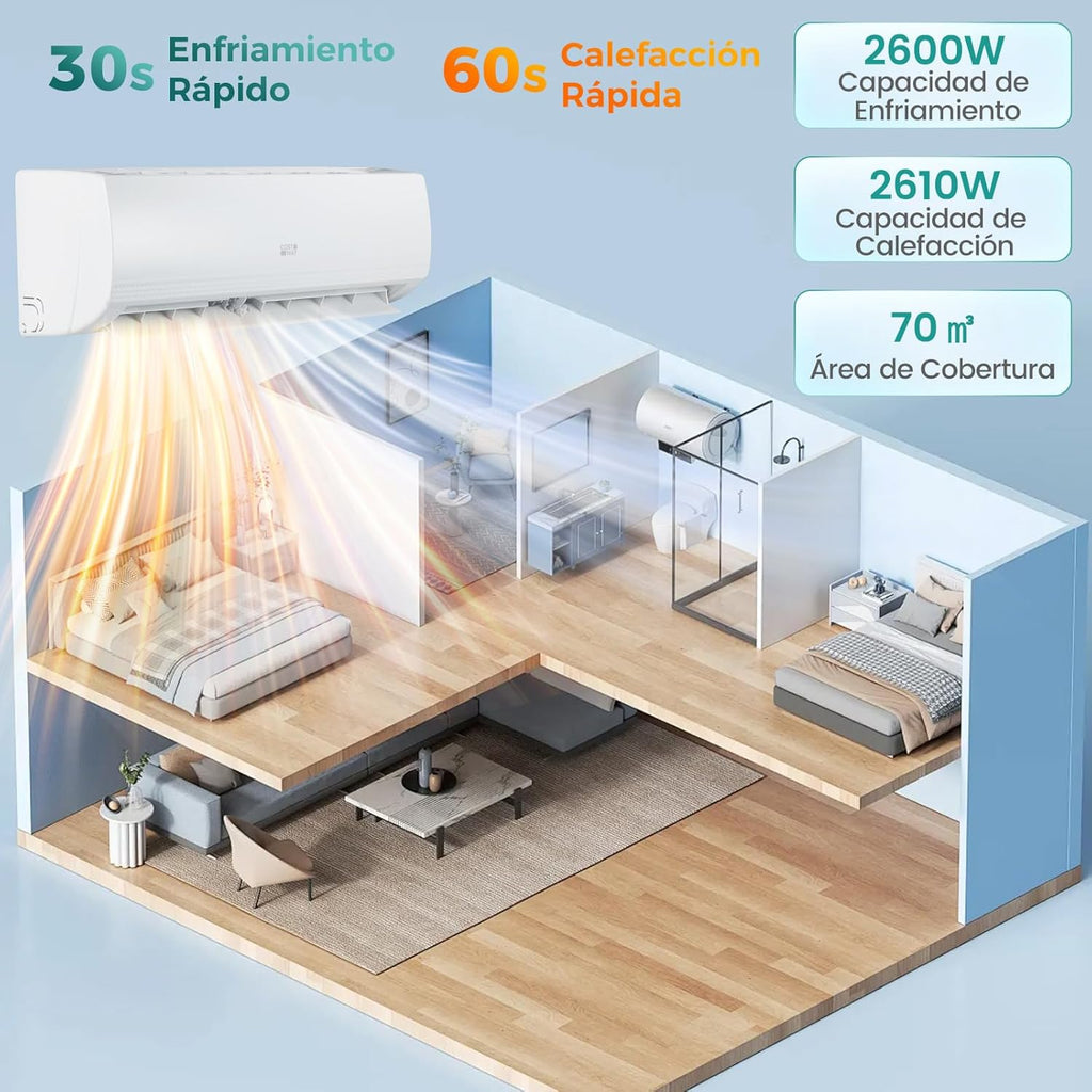COSTWAY Aire Acondicionado Split, 2,6 kW, Aire Acondicionado con Calefacción con Bomba de Calor,Refrigerante: R32, Calefactor y Refrigerador con Kit de Instalación para Habitación hasta 70m³ (9000BTU)