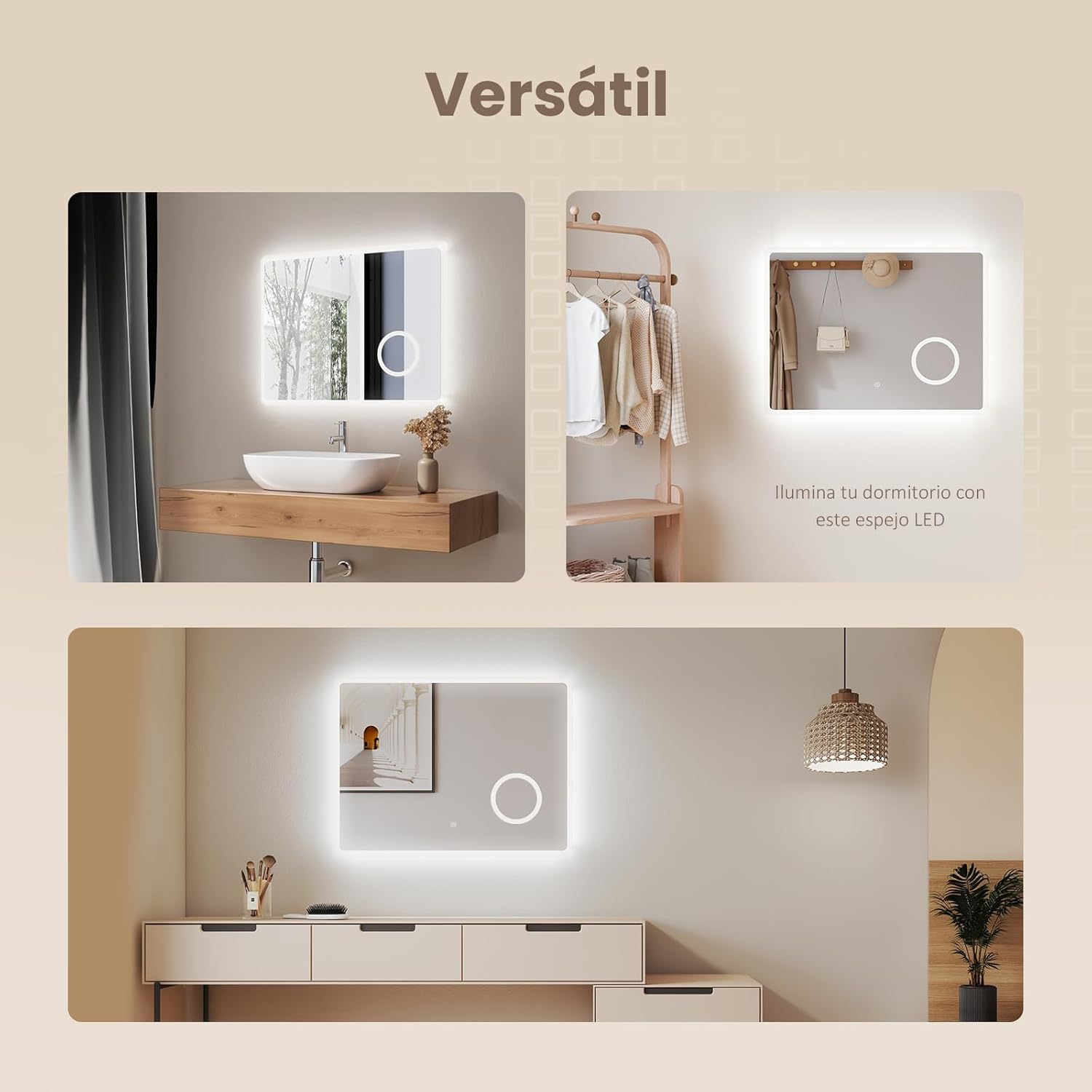 EMKE Espejo LED de Baño 90 x 70 cm, con Interruptor Táctil, Antivaho, Lupa 3X, Reloj, 6500K