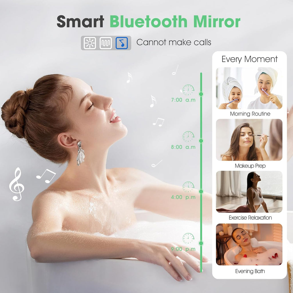 S'bagno Espejo-Baño-con-Luz 100x70cm, Espejo-Baño-Led-Bluetooth, Antivaho, 3 Colores, Regulable, Memoria, Vidrio Templado HD, Resistente Al Agua IP44, Vertical/Horizontal