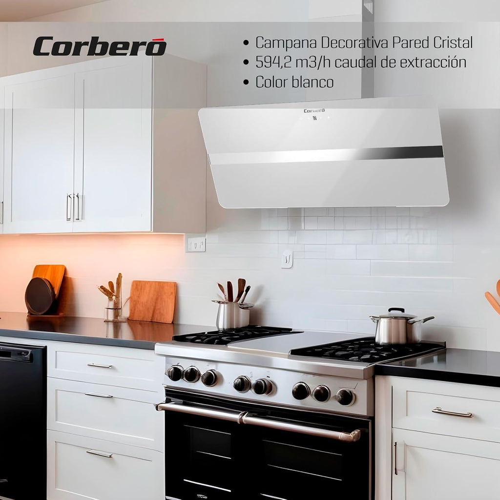 Corberó - Campana Extractora 90 cm | VICTORIA960W | 594,2 m3/h| 67db| 165W, |3 Velocidades, | Control Touch |Vidrio Templado | Filtro de Aluminio + Filtro Carbón | Cristal Blanco