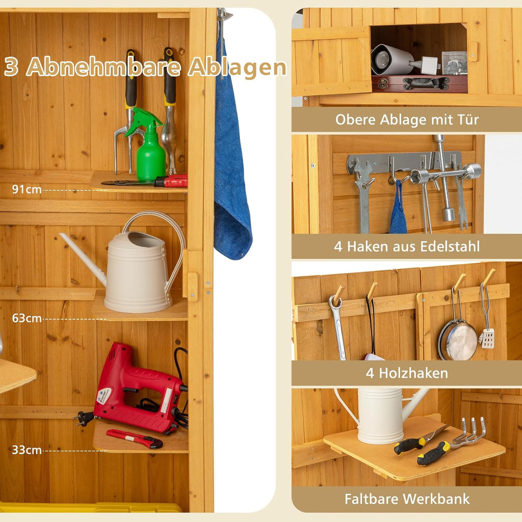 RELAX4LIFE Cobertizo de Madera con Techo a 2 Aguas de Asfalto, Armario de Jardín con 8 Ganchos, 3 Estantes Extraíbles y Mesa Plegable para Herramientas de Jardinería