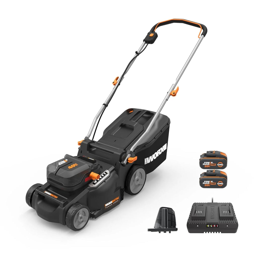 WORX WG737E Nitro Lawn Mower with Battery 40 V (2 x 20 V), Powerful Brushless Motor, Cutting Width 37 cm, 6 Levels of Cutting Height (20 – 70 mm), 40 L Grass Catcher Sack