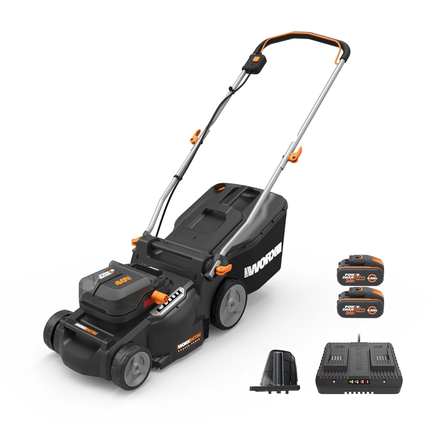 WORX WG737E Nitro Lawn Mower with Battery 40 V (2 x 20 V), Powerful Brushless Motor, Cutting Width 37 cm, 6 Levels of Cutting Height (20 – 70 mm), 40 L Grass Catcher Sack