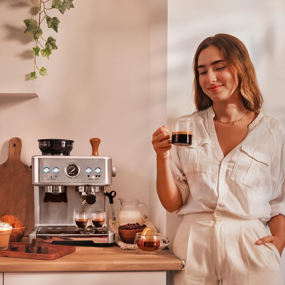Cecotec Cafetera Express Barista Power Espresso 20 Barista. 2250W, 20 Bares, Manometro y 2 Thermoblocks, Depósito de Café en Grano, Molinillo con 20 Niveles, Vaporizador