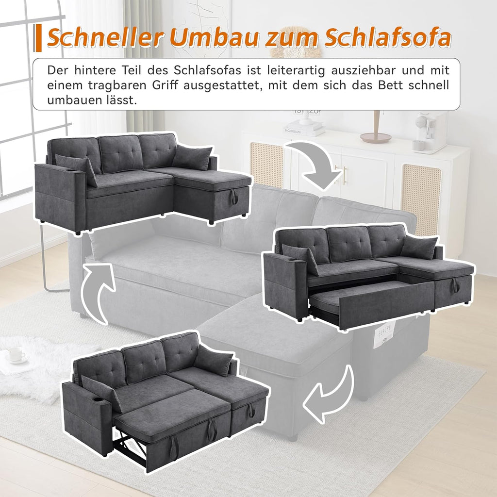 Sofá Cama 3 plazas con Portavasos y Bolsa Pasamanos Lateral, Sofá en Forma de L, Intercambiable a la Derecha y a la Izquierda, Gris