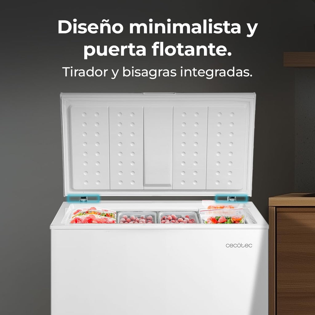 Cecotec Congelador Horizontal 198L Bolero CoolMarket Chest 198P White E. Cesta con Asas, Control Electrónico LED, UltraContact D-Cool, Dual Function, Puerta ZeroG (80º-30º), Fast Freezing, Compacto