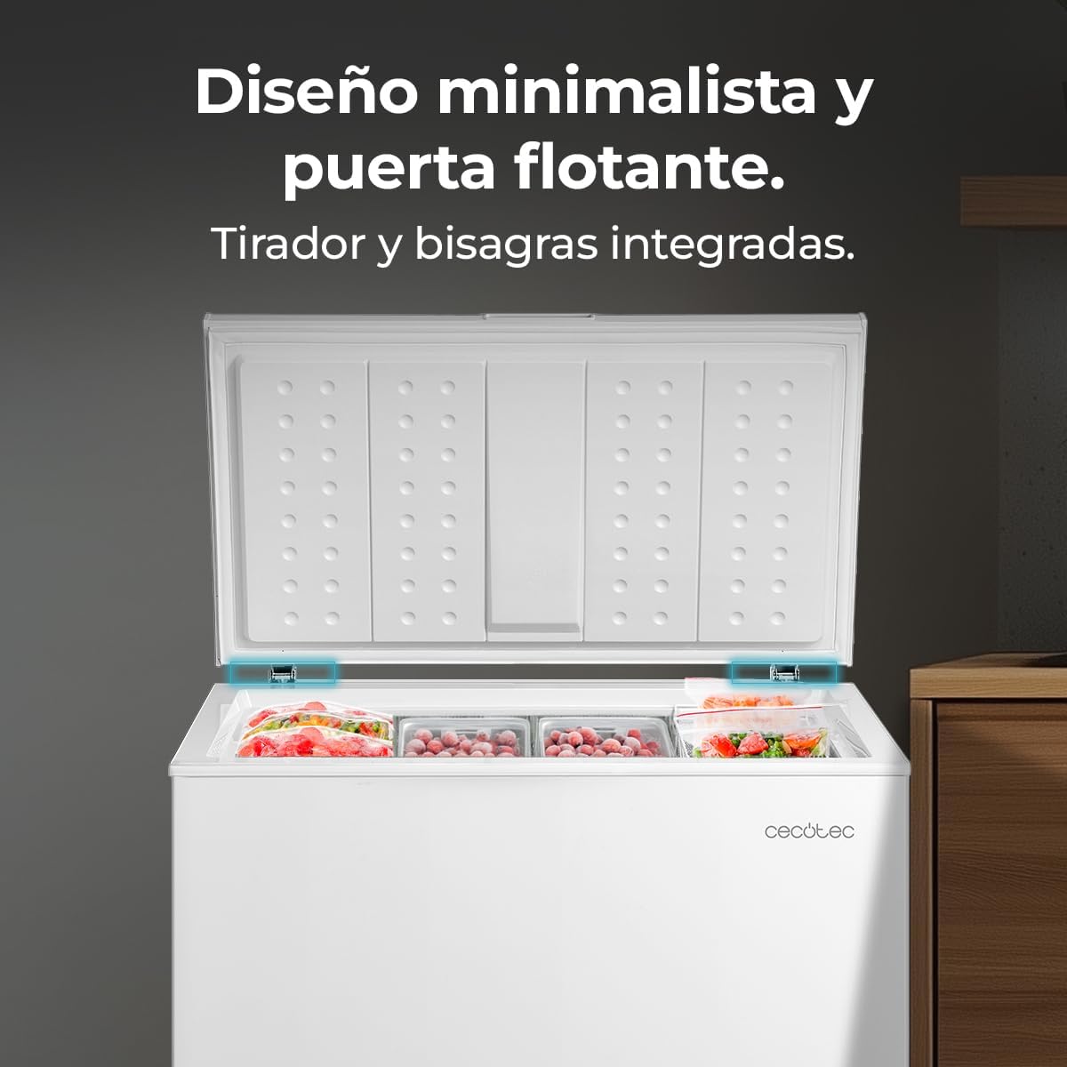 Cecotec Congelador Horizontal 198L Bolero CoolMarket Chest 198P White E. Cesta con Asas, Control Electrónico LED, UltraContact D-Cool, Dual Function, Puerta ZeroG (80º-30º), Fast Freezing, Compacto
