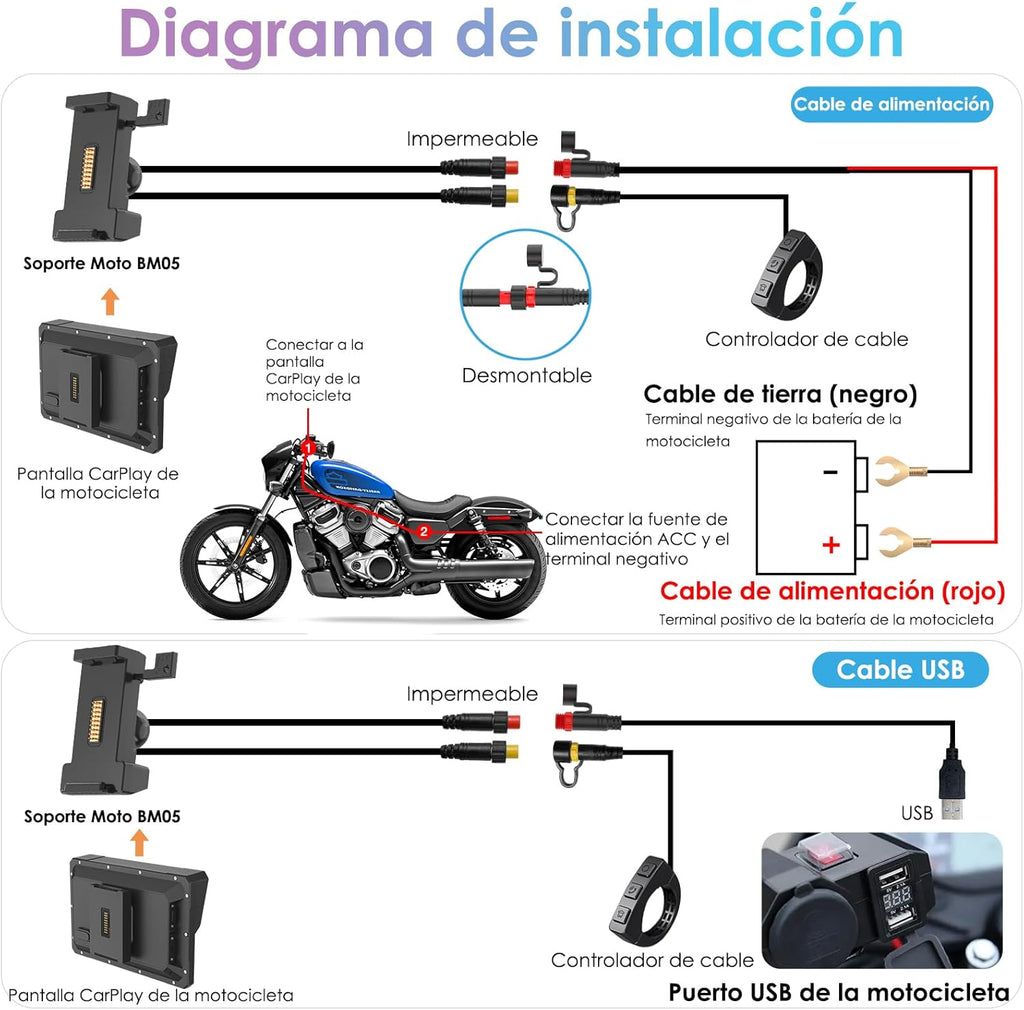 CARPURIDE W702S Pro Motocicleta CarPlay Pantalla con BM05 Soporte para Conectar y Usar, Inalámbrico CarPlay y Android Auto, 7" Impermeable Táctilpantalla, Dual Bluetooth, Control con Cable, Brújula.