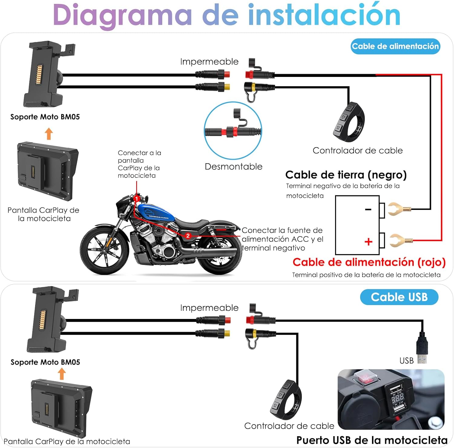 CARPURIDE W702S Pro Motocicleta CarPlay Pantalla con BM05 Soporte para Conectar y Usar, Inalámbrico CarPlay y Android Auto, 7" Impermeable Táctilpantalla, Dual Bluetooth, Control con Cable, Brújula.