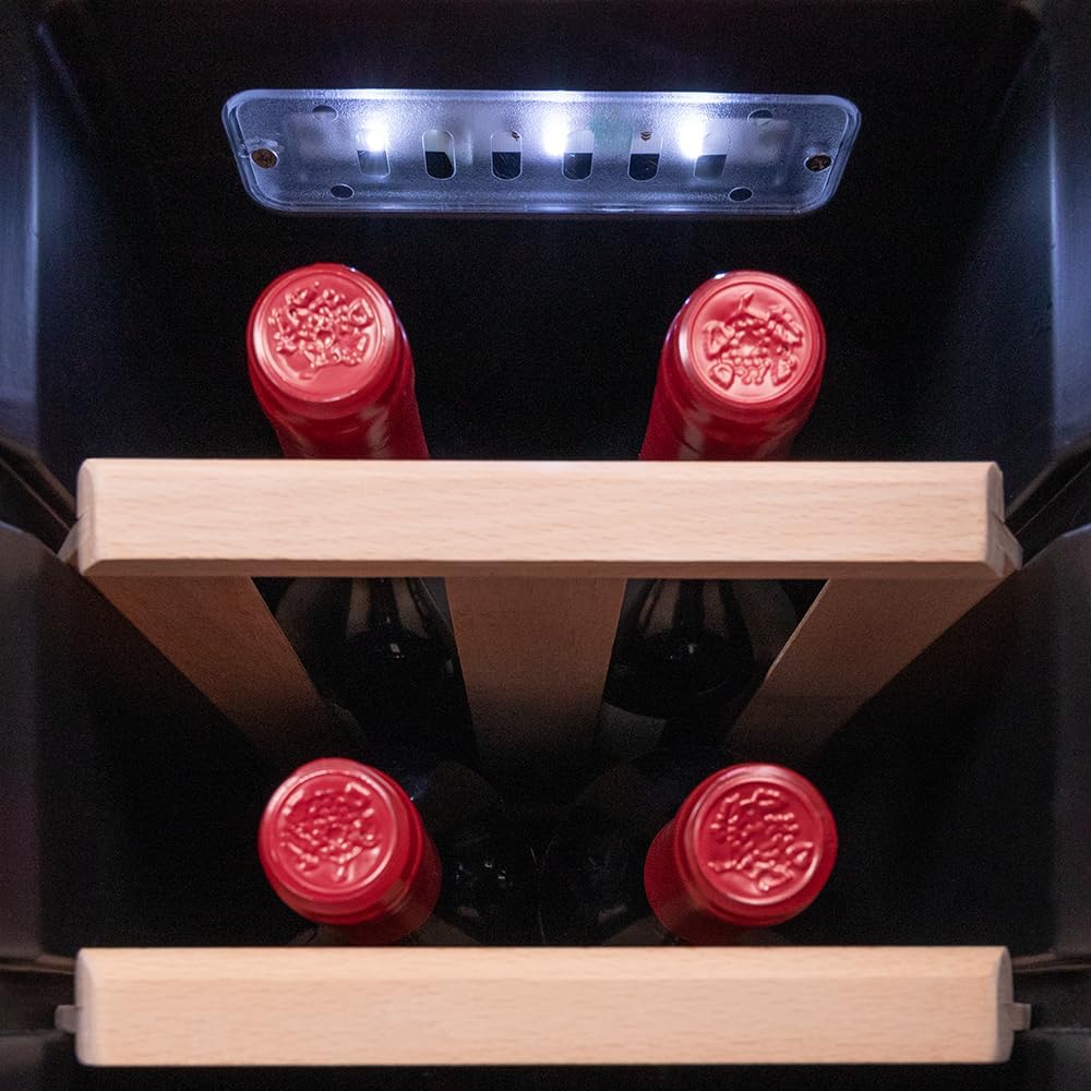 Cecotec Vinoteca Libre Instalación Bolero GrandSommelier 1250 CoolWood. Nevera para vinos con capacidad para 12 botellas, temperatura ajustable de 8-18ºC, LED y estantes de madera.