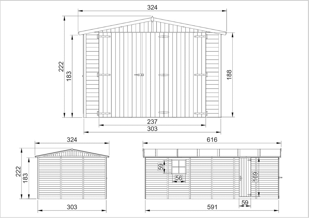Garaje de Madera Natural - cobertizo en Pino/Abeto - A222x616x324 cm / 18 m² - Construcción Paneles - Taller de jardinería - Almacén de automóviles, cobertizo para Herramientas-TIMBELA M102