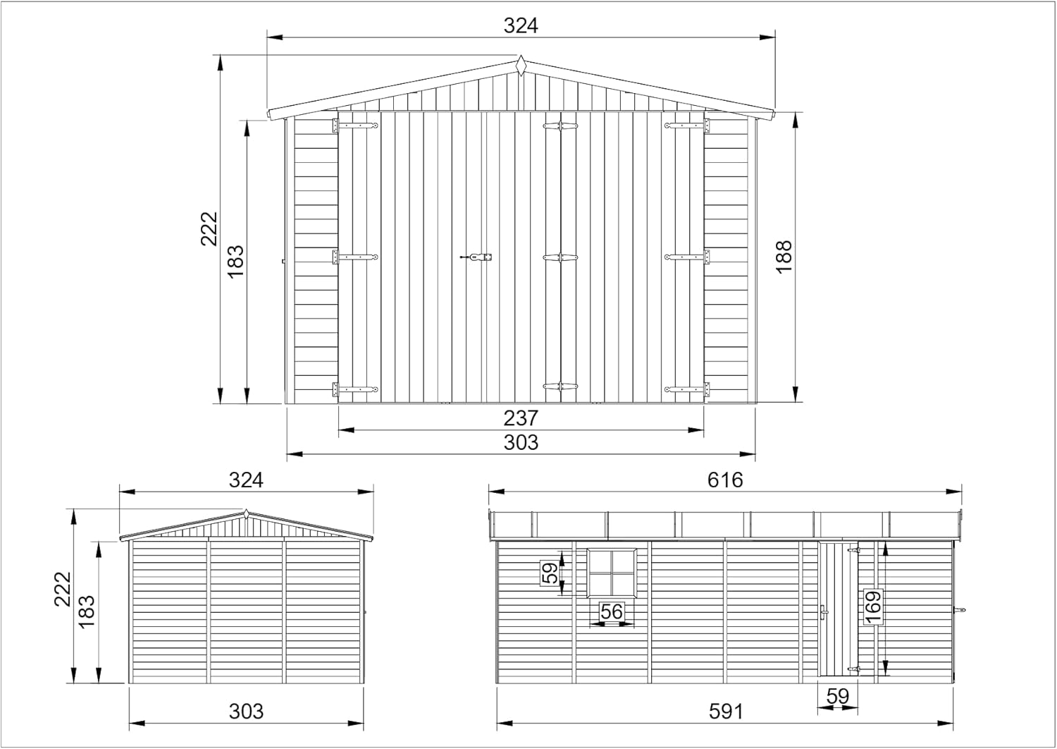 Garaje de Madera Natural - cobertizo en Pino/Abeto - A222x616x324 cm / 18 m² - Construcción Paneles - Taller de jardinería - Almacén de automóviles, cobertizo para Herramientas-TIMBELA M102