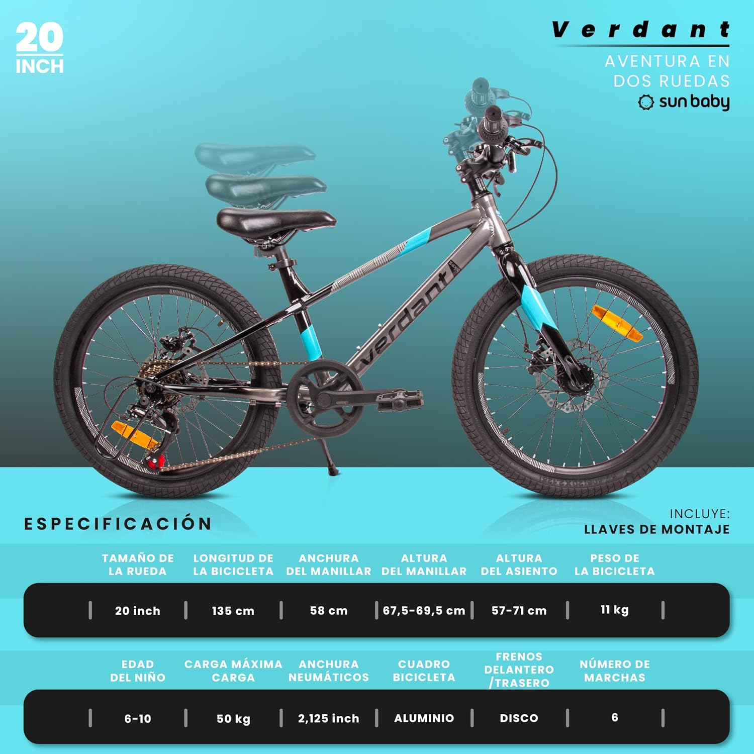 Verdant ALU Bike Bicicleta Infantil 20 Pulgadas Tamaño de Rueda a Elegir 6 velocidades Shimano Bicicleta para niños de 6 a 10 años Altura Ajustable