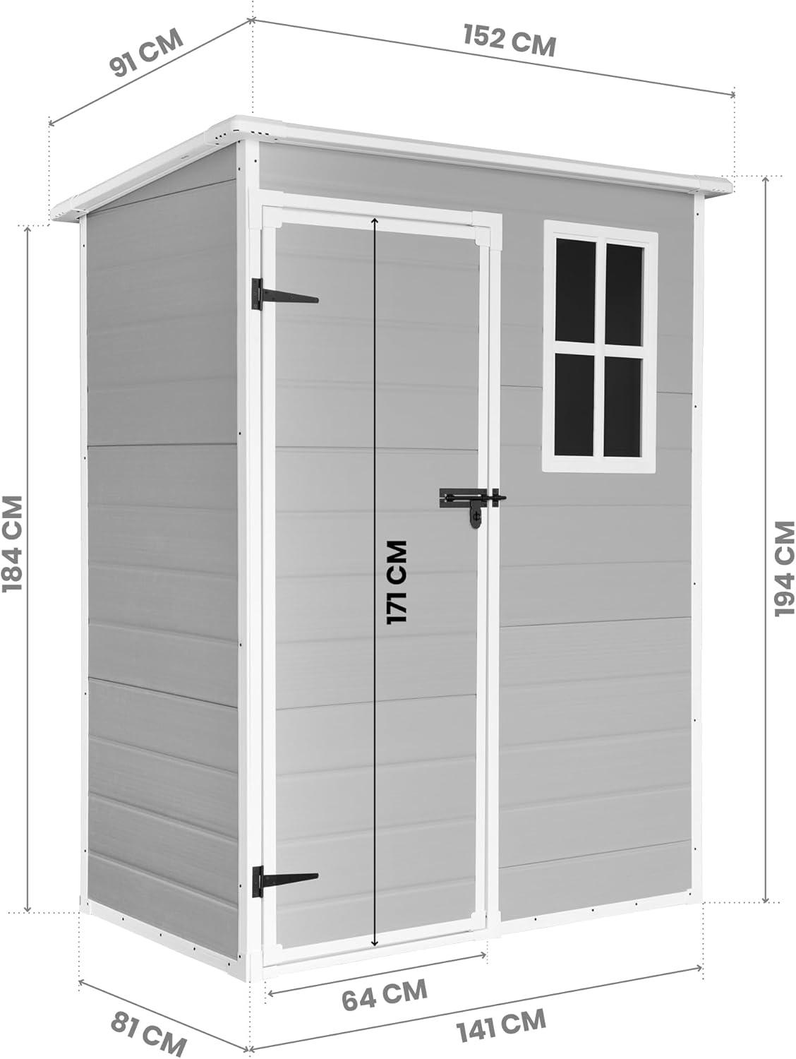 Wasabi - Caseta de Resina Jardín Unit 1.4 – Ventana Luz Natural - Suelo Incluido - Paneles 12mm de Espesor - Gris Blanco - Cobertizo PVC Almacenaje Exterior - 1,37m2 - Techo Plano