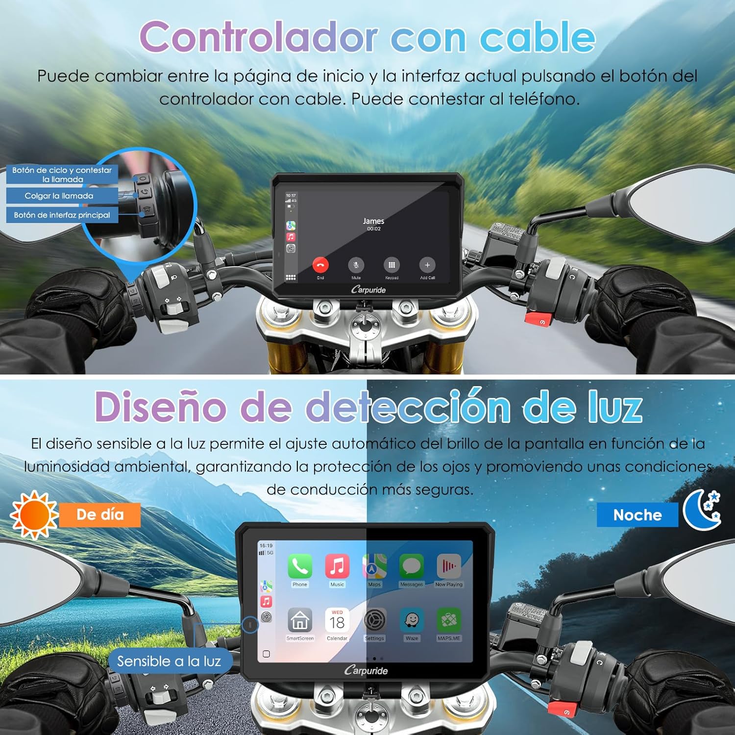 CARPURIDE W702S Pro Motocicleta CarPlay Pantalla con BM05 Soporte para Conectar y Usar, Inalámbrico CarPlay y Android Auto, 7" Impermeable Táctilpantalla, Dual Bluetooth, Control con Cable, Brújula.