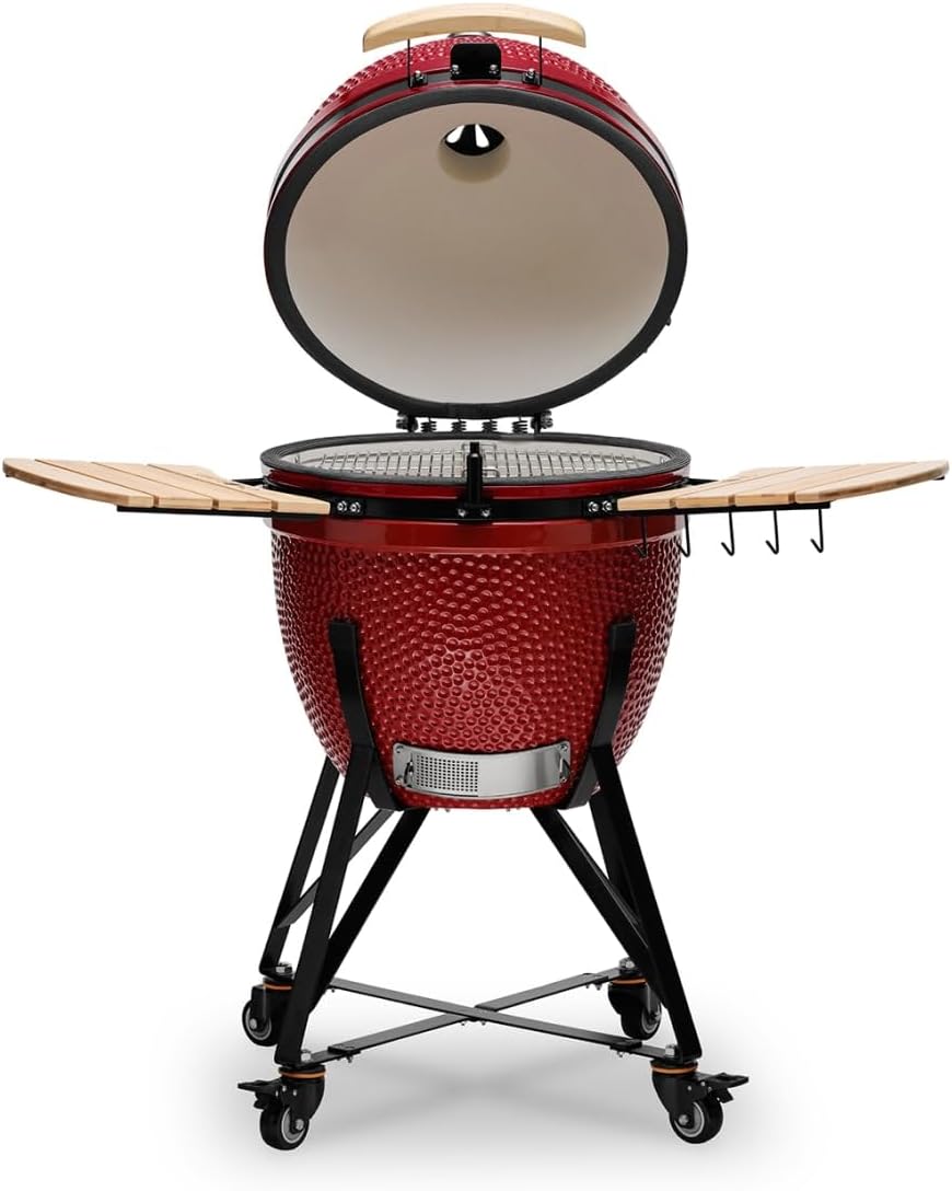 Kamado BONO BBQ - Barbacoa Grande XXL con 10 accesorios - Ø 59 cm Kamado Barbacoa con Accesorios - Parrilla ahumador rojo en la terraza, balcón o jardín