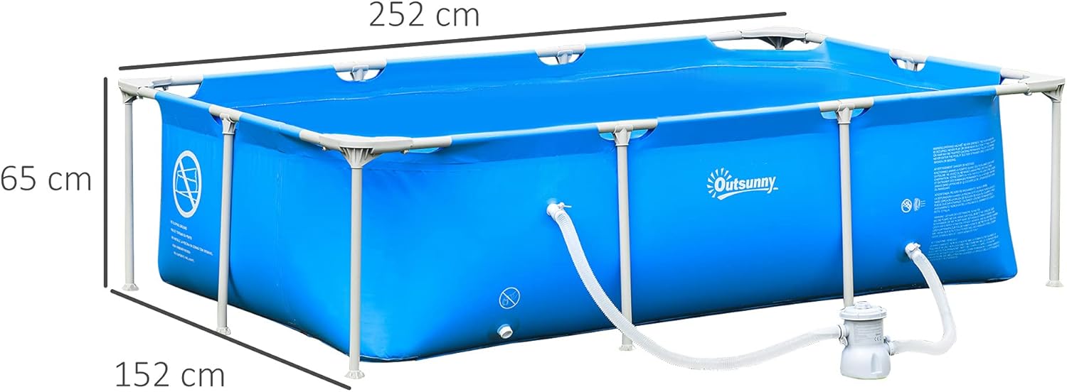 Outsunny Piscina Desmontable Tubular 252x152x65 cm con Depuradora de Cartucho 1200L/H Piscina Rectangular de Exterior para Adultos y Niños 2163L Azul