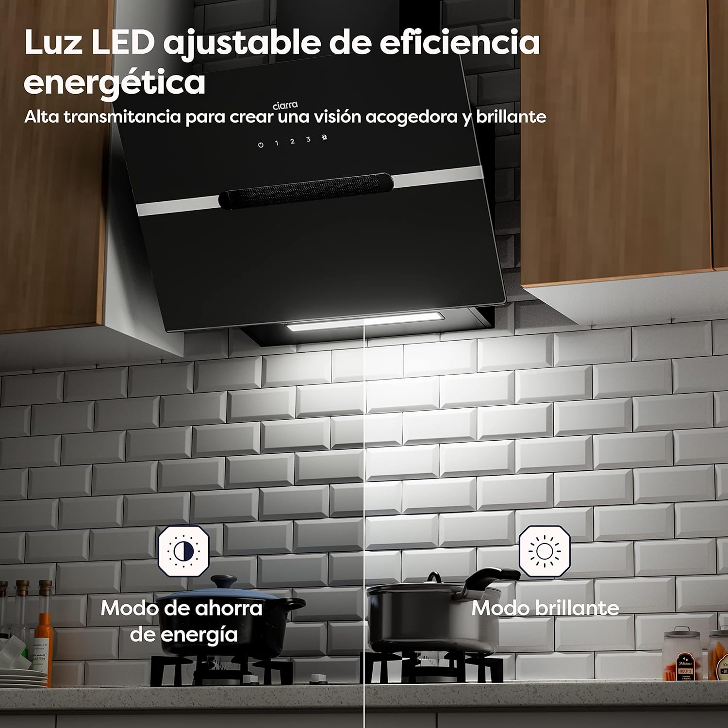 CIARRA CBCB6736F Campana Extractora 60cm CLase A+++ Wi-Fi App Touch-Booster Evacuación al Exterior y Recirculación Interna por Filtro de Carbón CBCF003