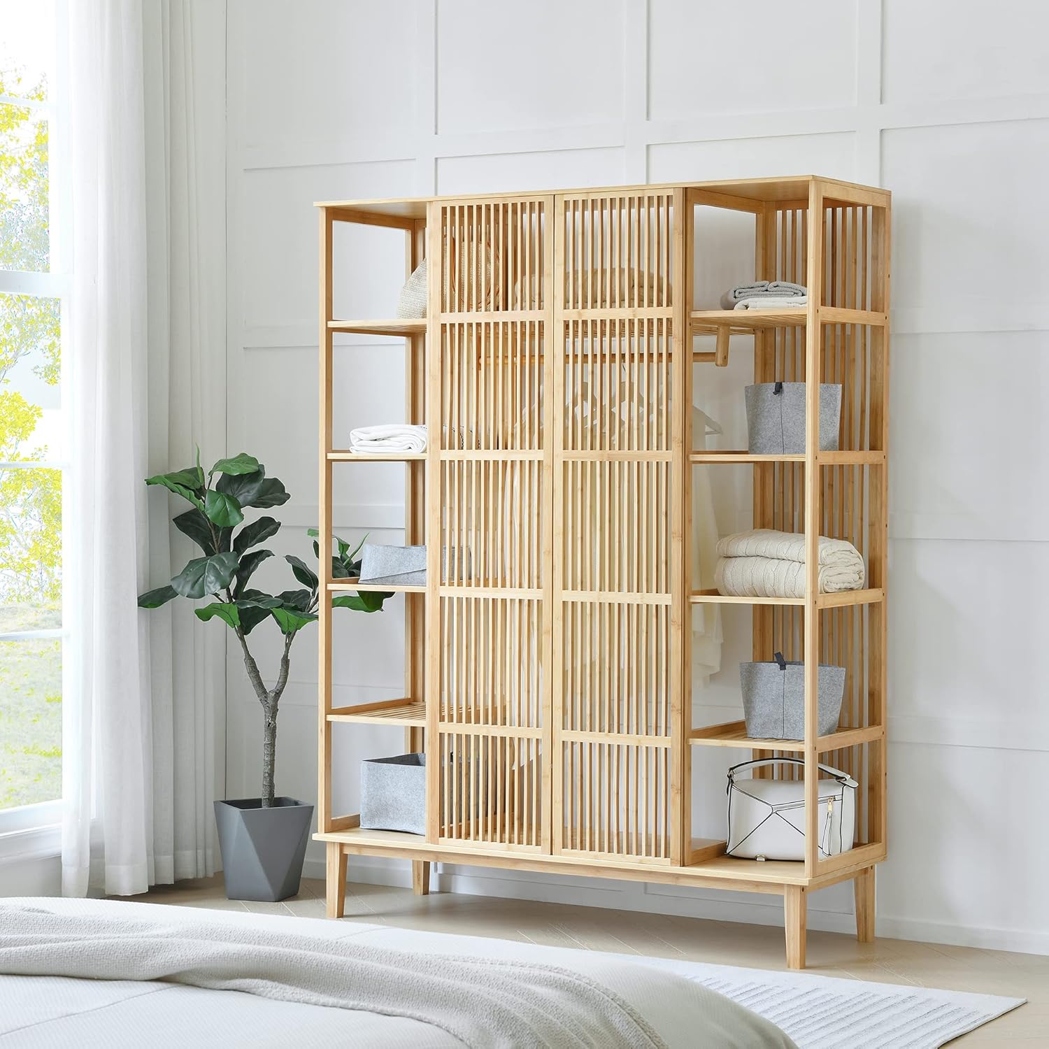 [en.casa] Armario para Ropa con 2 Puertas Deslizantes Clóset con 12 Estantes y 1 Barra de Colgar Perchero de Bambú 185 x 140 x 45 cm Natural