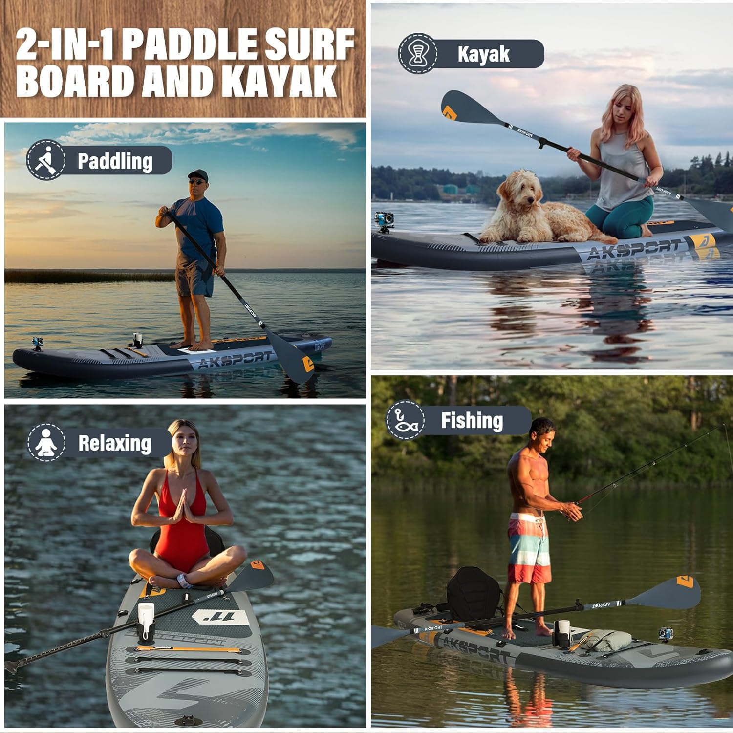 AKSPORT Tabla hinchable de surf de remo, tabla de surf hinchable con todos los accesorios, diseño ancho y estable, tabla antideslizante, tabla de remo para jóvenes y adultos