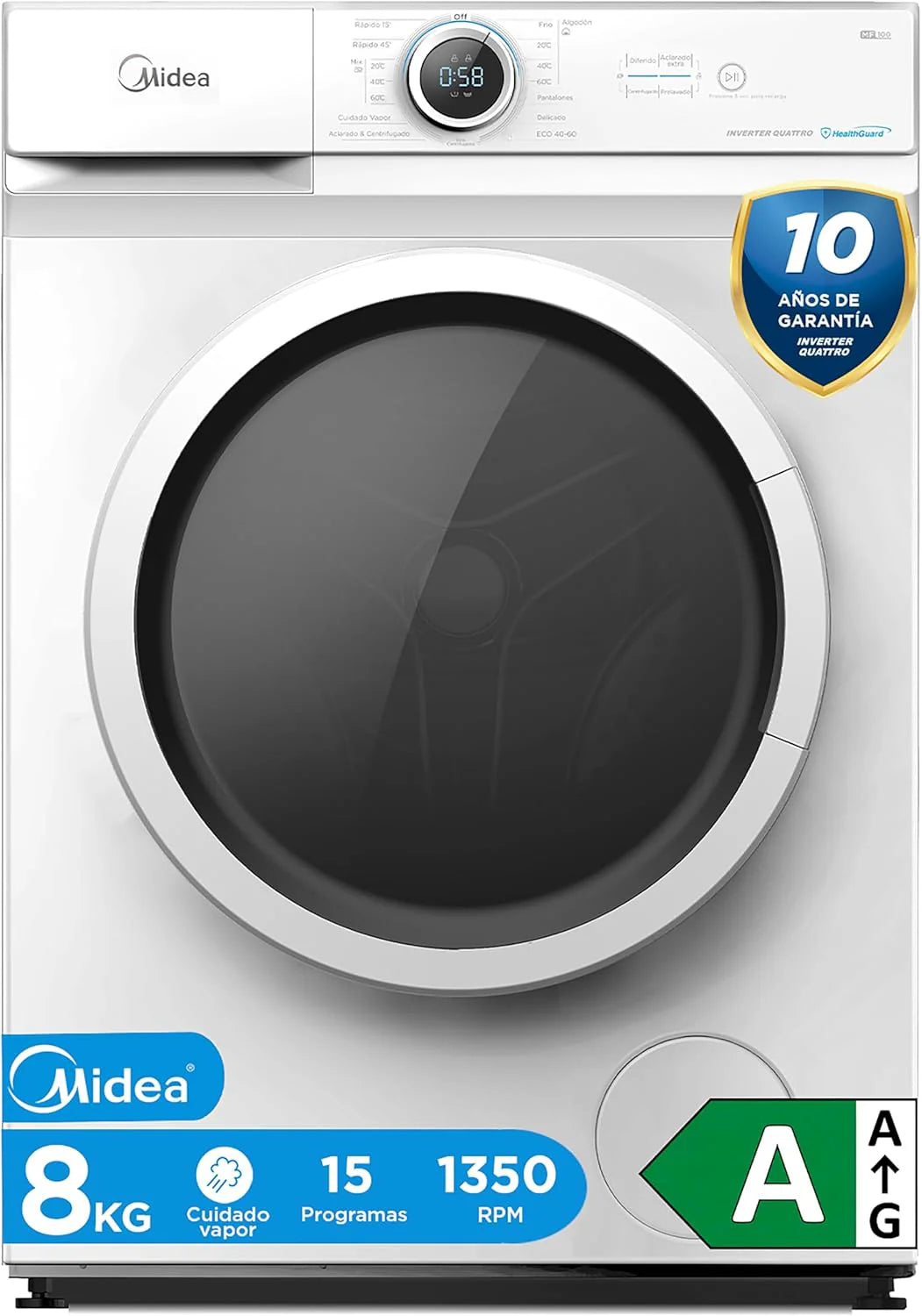 Midea Washing Machine 8 kg Front Load 1950W, 1350 rpm with Inverter Motor - Washing Machines with 15 Programmes and Healthguard Technology - Washing Machine Low Consumption, Fast Wash, Steam Function and Eco Mode