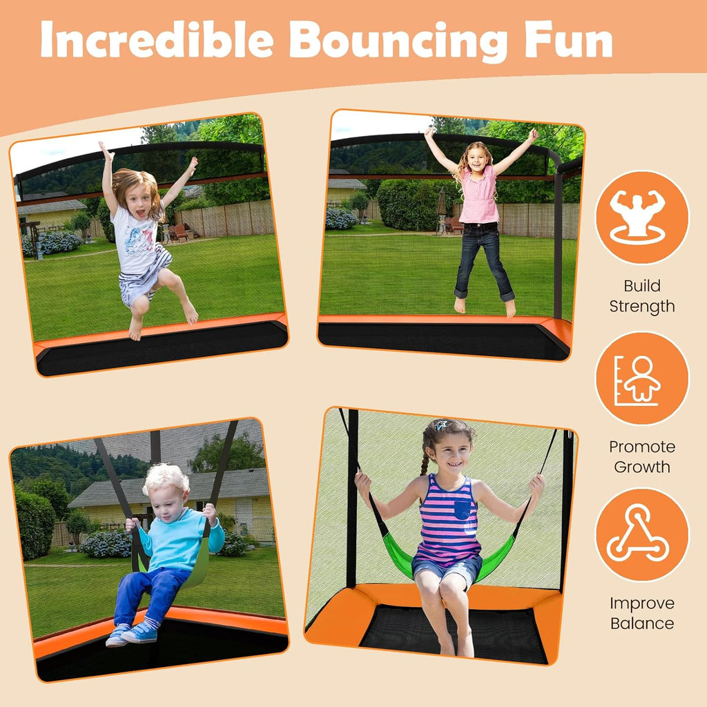 LIFEZEAL Trampolín con Columpio para Niños, Cama Elástica Infantil con Red Protectora de Malla & Puerta, Ideal para Interior y Exterior