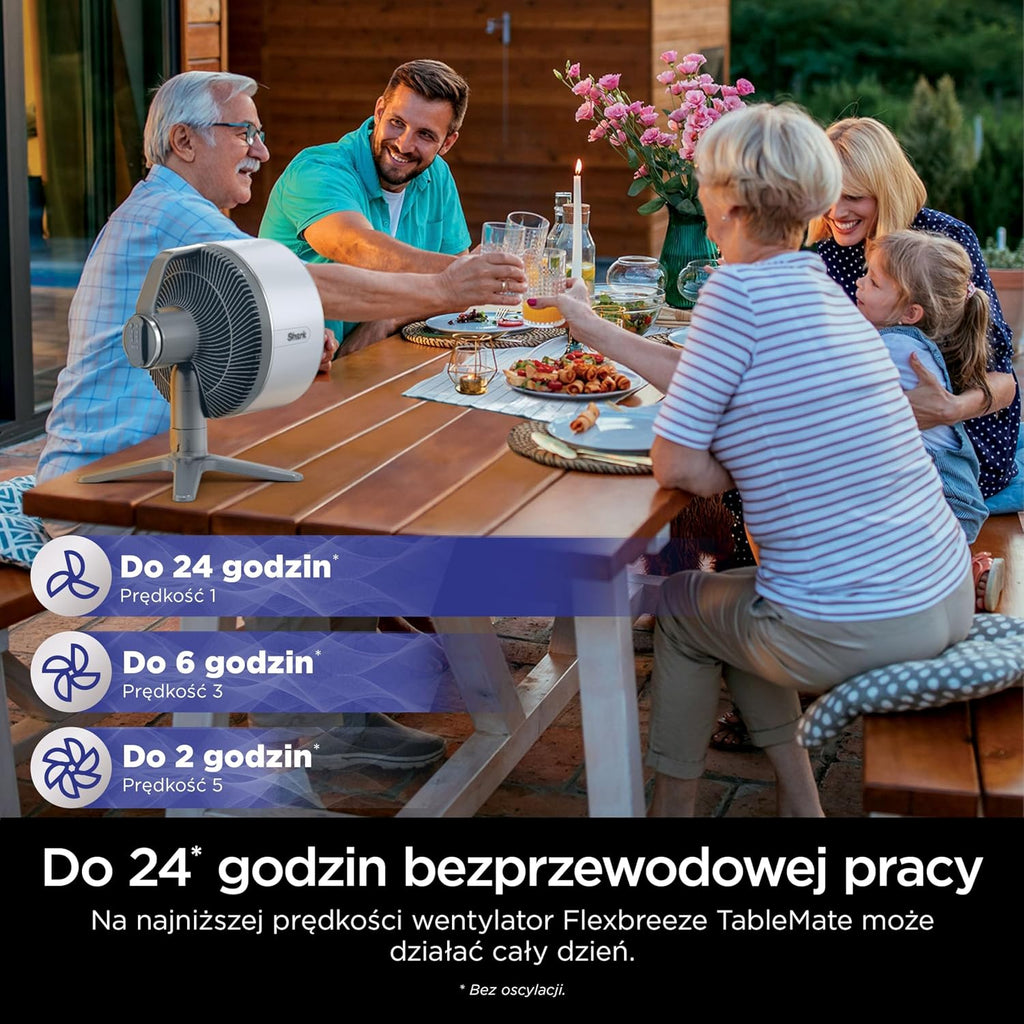 Shark FlexBreeze TableMate Wentylator bezprzewodowy wewnętrzno-zewnętrzny, do 24 godz. pracy, wydajne chłodzenie, zasięg 20 m, cichy, 5 szybkości, oscylacja, zdalne sterowanie, zimowa mgła, FA150EU