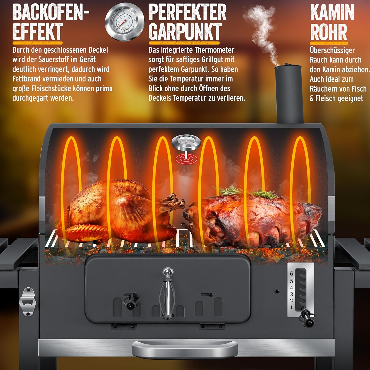 KESSER® Parilla de Carbón con Carrito Grill con Tapa, Ruedas, Mango de Acero Inoxidable | Barbacoa y Termómetro Carbón Grande BBQ Asador Camping, Terraza, Jardín XXL Gris
