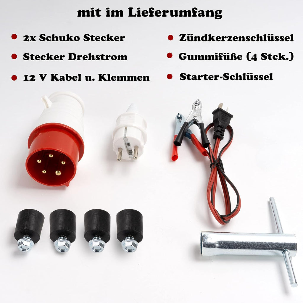 Generador de corriente con gasolina | Accesorios incluidos | Grupo electrógeno silencioso | 5 enchufes 3 x 230 V / 1 x 400 V / 1 x 12 V | 6,5 CV