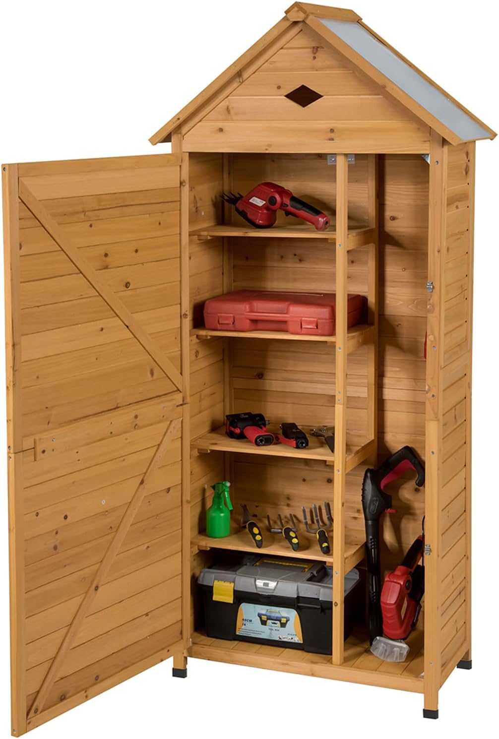 COSTWAY Caseta Jardin Exterior de Madera, Cobertizo Jardin Exterior con 5 Estantes y 2 Puertas con Cerradura, Armario para Herramientas con Techo Impermeable para Jardín Balcón Terraza (70x45x160cm)