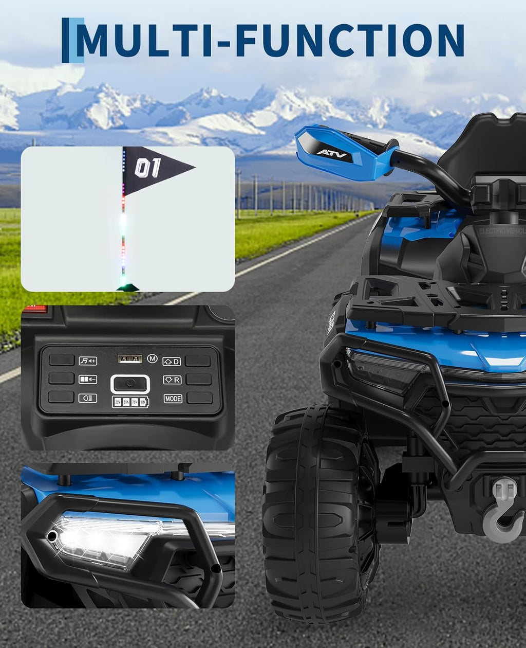 Garvee Quad Eléctrico Niño 12 V, Coche Eléctrico 4 Ruedas Todoterreno con 2 Motores, Mando a Distancia Parental, Suspensión, Faros LED, Música, Bluetooth, USB, Bandera Luminosa, a Partir de 3 años