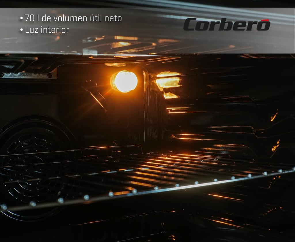 Corberó - Horno convección 70L | CCHM603W | 60x60x58 cm |Convencional con 4 Programas | Luz Interior | Limpieza Hidrólisis | Puerta Doble Cristal | 2100W | Blanco perfil Inox
