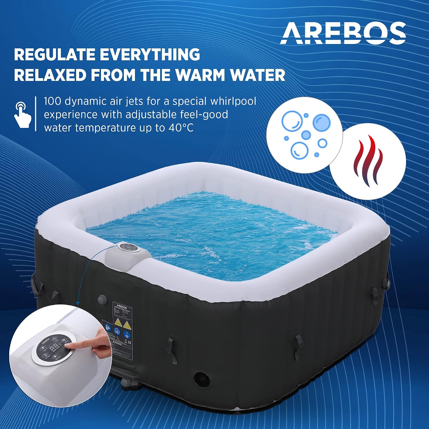 Arebos Nadmuchiwane | Whirlpool Pure | | 4 osoby | 130 dysz do masażu | Spa Dobre samopoczucie Ogrzewanie | 550 litrów | z pokrywą | Bubble Spa & Wellness masaż
