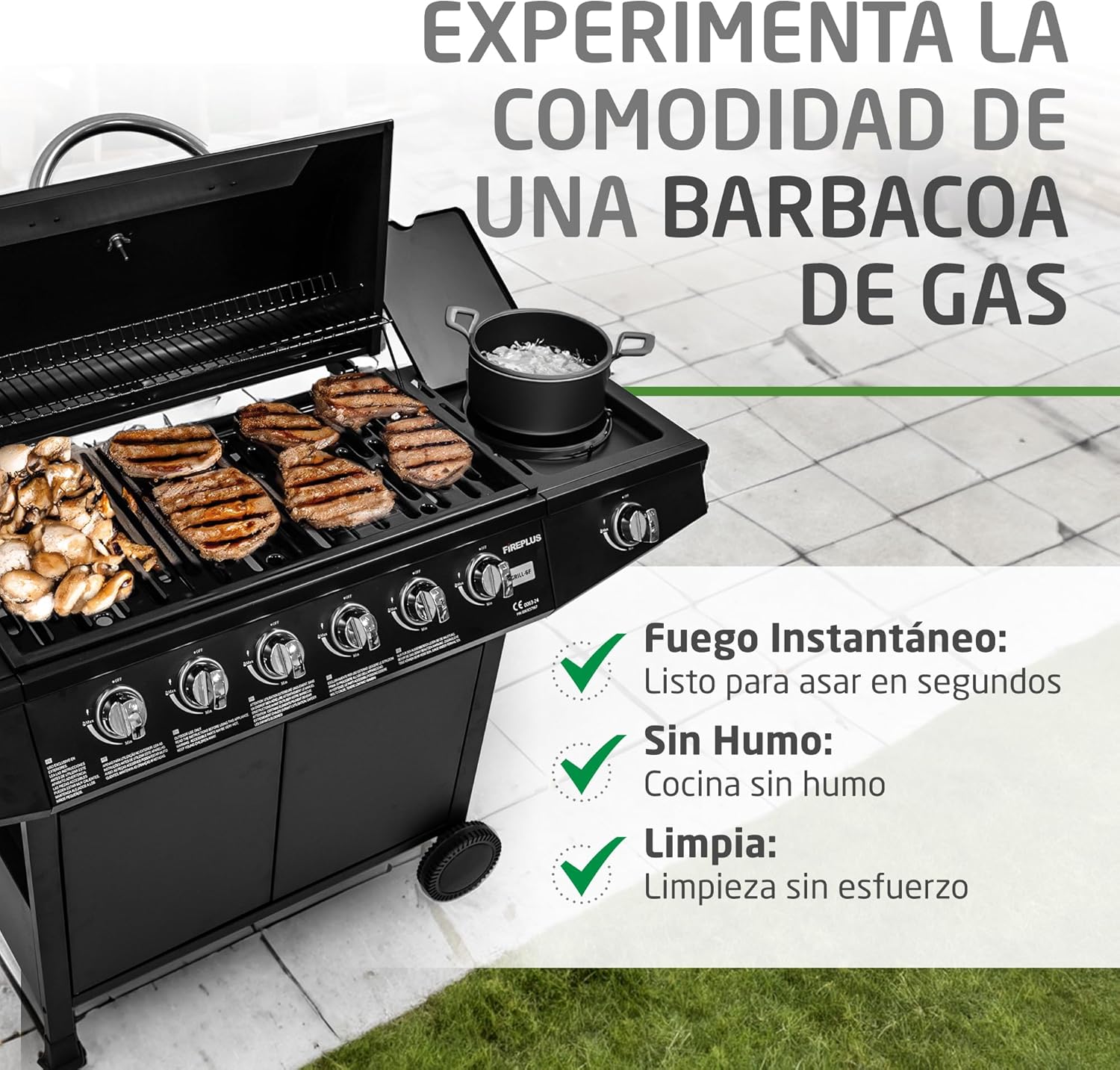 Amig - Barbacoa de gas Fireplus 6+1 de 12,9 kW - Acero inoxidable Negro - Parrilla con ruedas Modelo GRILL-6F - Barbacoa XXL con carro y termómetro - 138x52x103 cm - 7 quemadores y Bandeja lateral