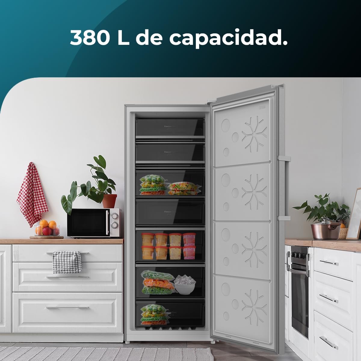 Cecotec Congelador Vertical de 380L Bolero CoolMarket UF 380 inox D. 1950W, Motor Inverter Plus, Bajo Consumo, Total No Frost, Display door, Convertible a frigorífico, Multi Airflow
