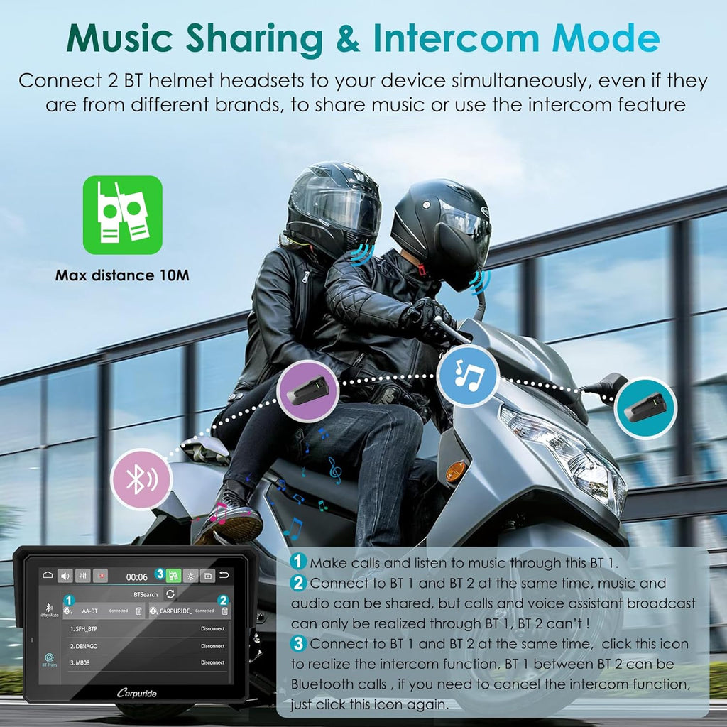Carpuride W502S Pro - GPS inalámbrico para Motocicleta, Carplay/Android Auto, Pantalla táctil Impermeable de 5", con Soporte BM05, Bluetooth Trans, Mando a Distancia con Cable y navegación