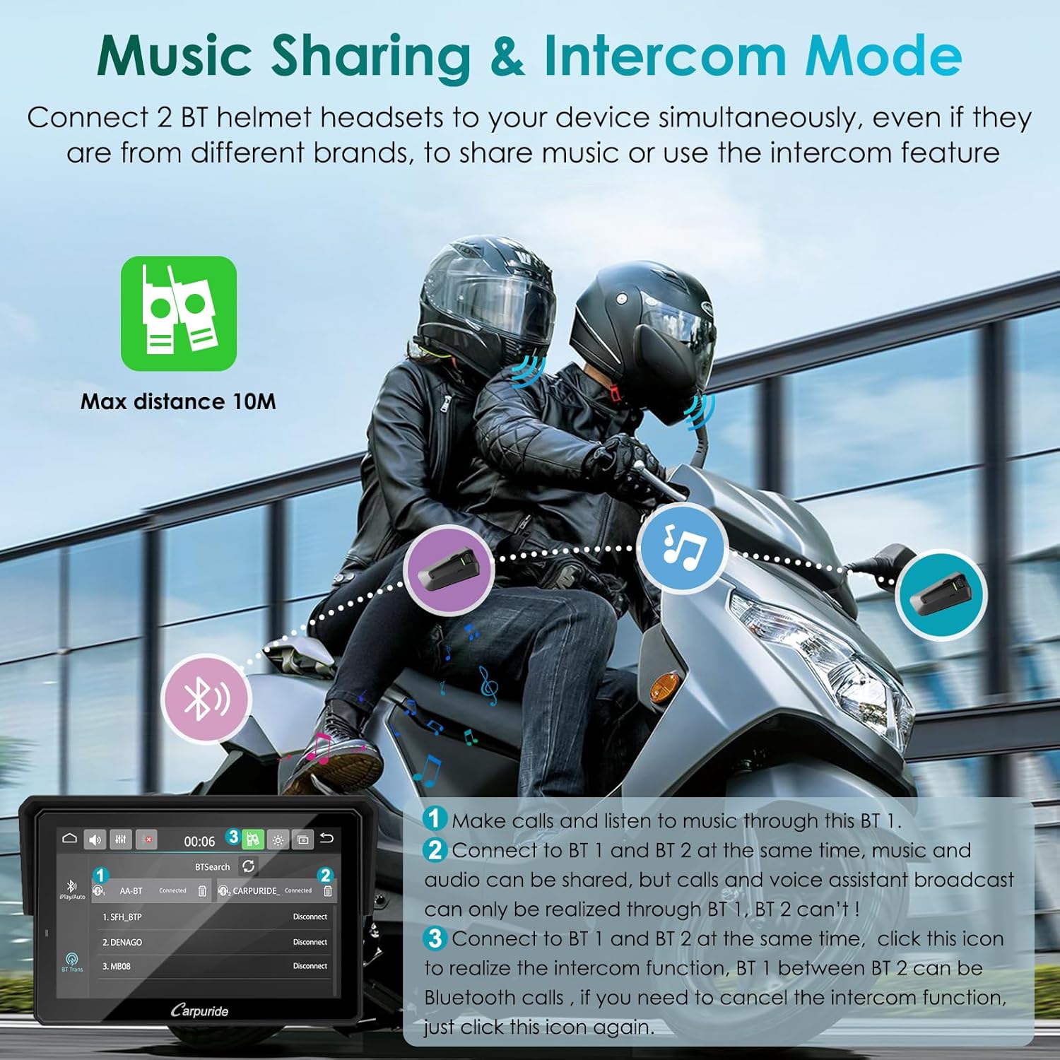 Carpuride W502S Pro - GPS inalámbrico para Motocicleta, Carplay/Android Auto, Pantalla táctil Impermeable de 5", con Soporte BM05, Bluetooth Trans, Mando a Distancia con Cable y navegación