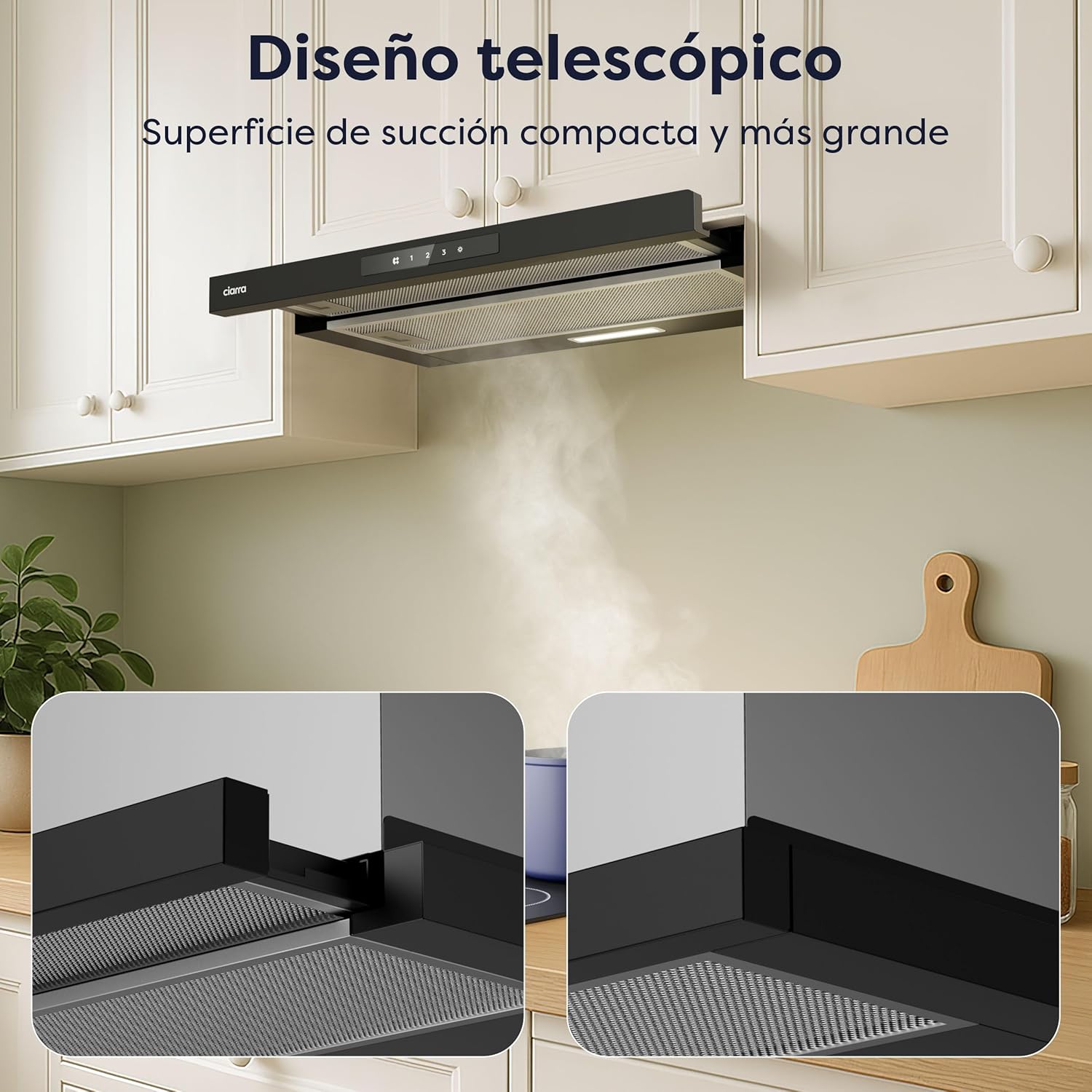 CIARRA CBCB6909A Campana Extractora Telescópica Negra Cocina 60 cm 600 m³ / h Clase A+ 3 Niveles Control Táctil Iluminación LED Filtro de Carbón CBCF055
