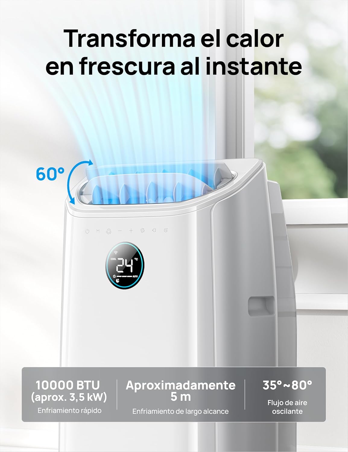 DREO Aire Acondicionado Portátil de 10000 BTU para Habitación, Refrigeración sin Drenaje, Silencioso, Control por Aplicación/Voz, Temporizador de 24 Horas, con Ventilador y Deshumidificador