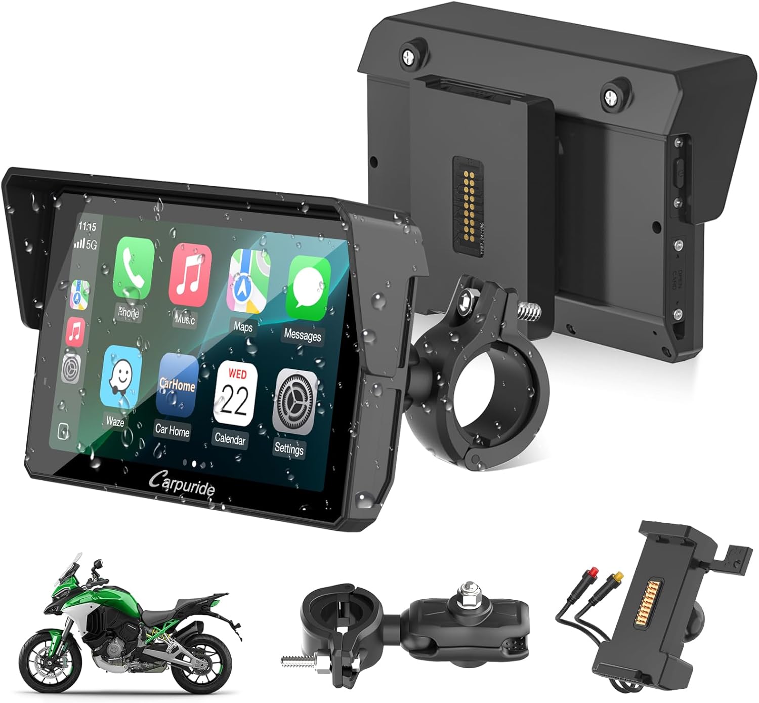 Carpuride W502S Pro - GPS inalámbrico para Motocicleta, Carplay/Android Auto, Pantalla táctil Impermeable de 5", con Soporte BM05, Bluetooth Trans, Mando a Distancia con Cable y navegación